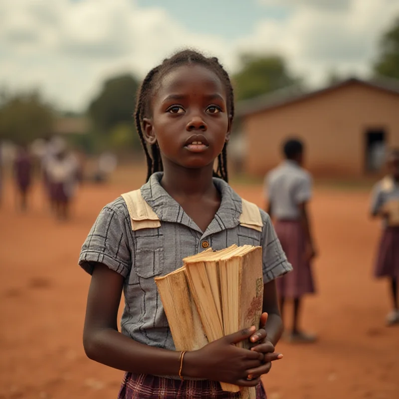 A young Ugandan girl looking thoughtful with books in her hands, representing the importance of menstrual hygiene support for girls' education.