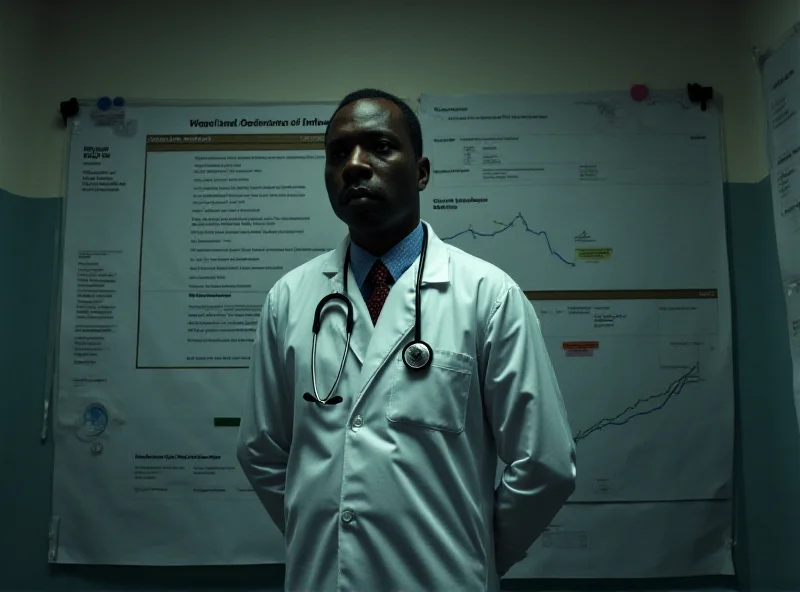 A somber doctor looks down at a chart in a South African clinic, representing the impact of USAid funding cuts on HIV/AIDS programs. The scene is dimly lit to convey a sense of urgency and despair.
