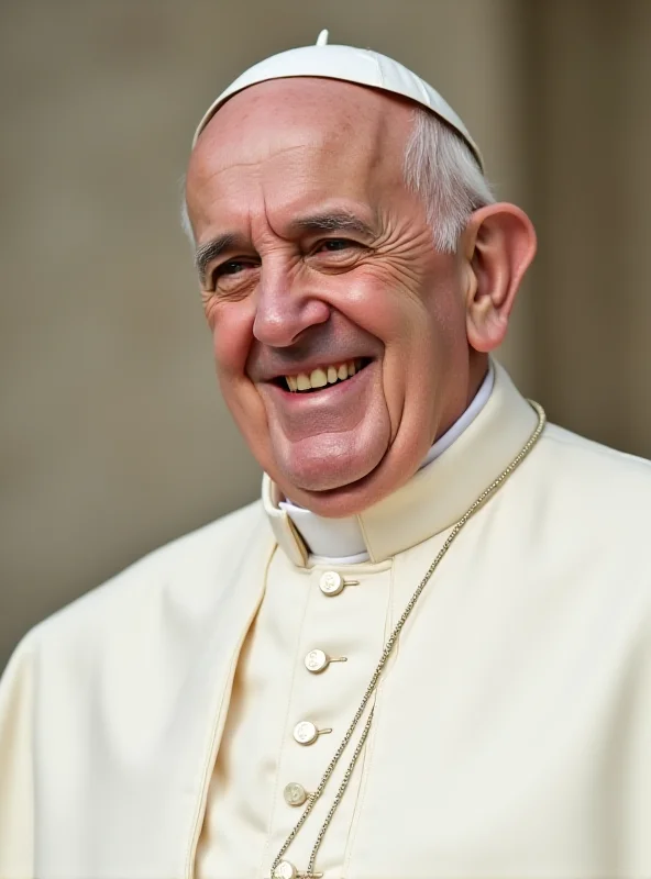 A photo of Pope Francis smiling warmly. The background is blurred and soft, focusing on his kind expression. He's wearing his traditional white robes and zucchetto.