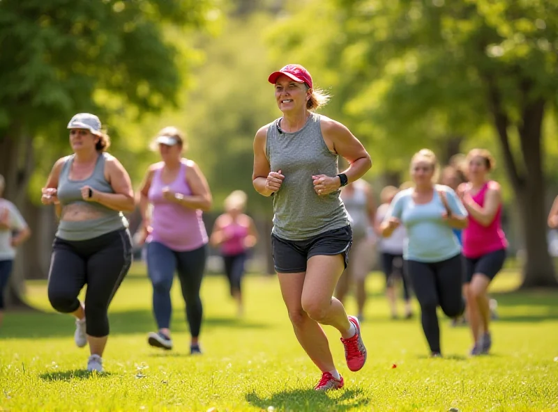 A diverse group of people are exercising together in a park. Some are running, some are doing yoga, and others are playing sports. The scene is bright and sunny, promoting healthy lifestyles and combating obesity.