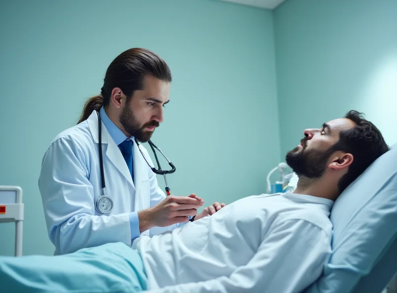 A concerned-looking doctor examining a patient in a hospital bed.