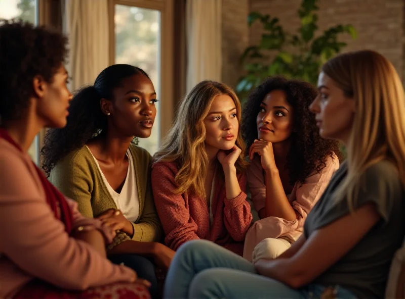 A diverse group of women sitting together and looking thoughtful.