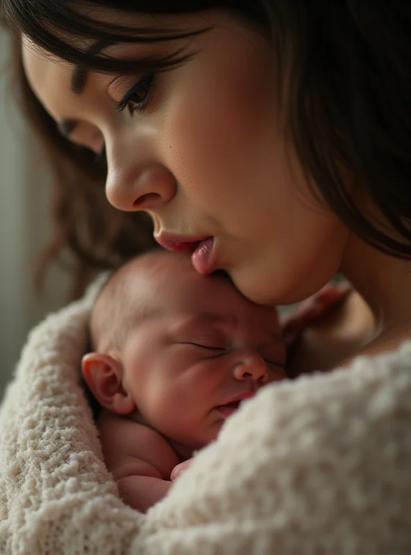 A mother holding her baby close to her chest, looking serene and slightly sad.