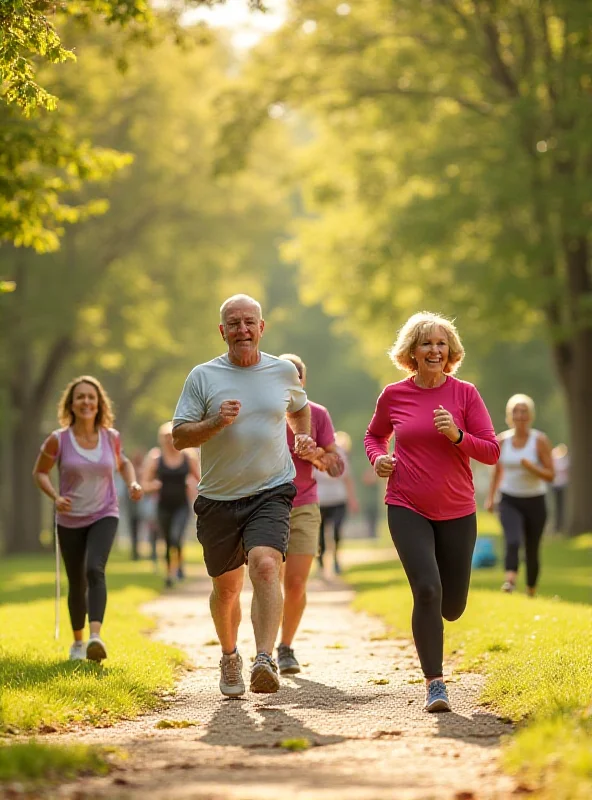 A diverse group of people of different ages exercising together outdoors.