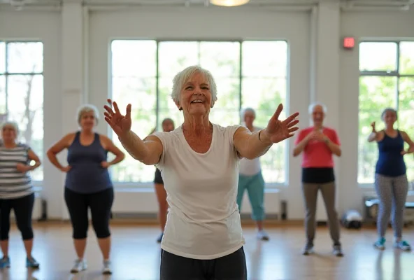 A diverse group of elderly people participating in a group exercise class.
