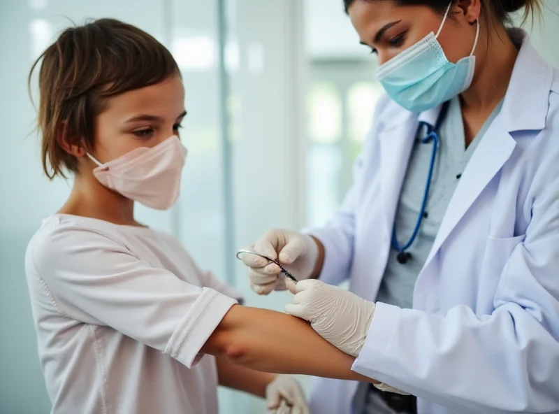 A young child receiving a measles vaccination from a doctor.
