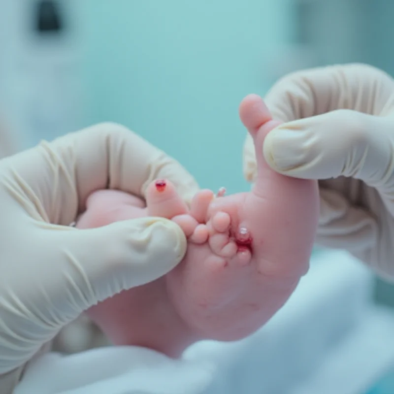 A newborn baby undergoing a heel prick test for neonatal screening.