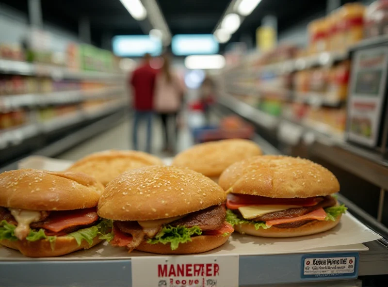 Close-up shot of various sandwiches on a supermarket shelf, with a blurred background of shoppers. Focus on a sign indicating a product recall.