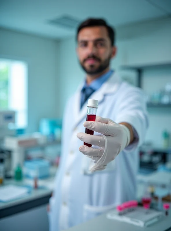 A doctor in a white coat holding a vial of blood against a blurred laboratory background, with test tubes and medical equipment visible. The scene should convey a sense of scientific advancement and hope.