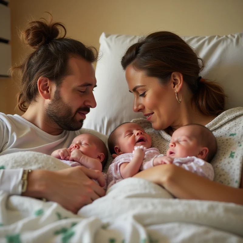 A couple looking lovingly at newborn twins in a hospital setting, with a slightly worried expression. The scene should convey the joy and challenges of new parenthood, with a focus on the legal complexities of international surrogacy.