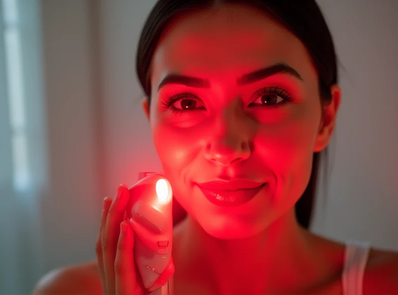 Woman using red light therapy device on her face