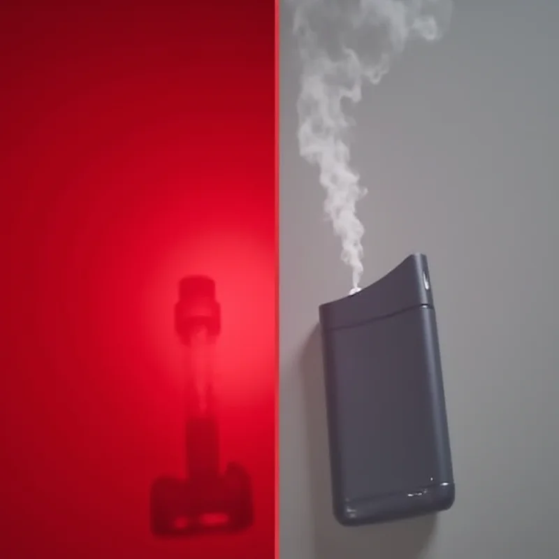 A split image showing a red light therapy device and a vape pen