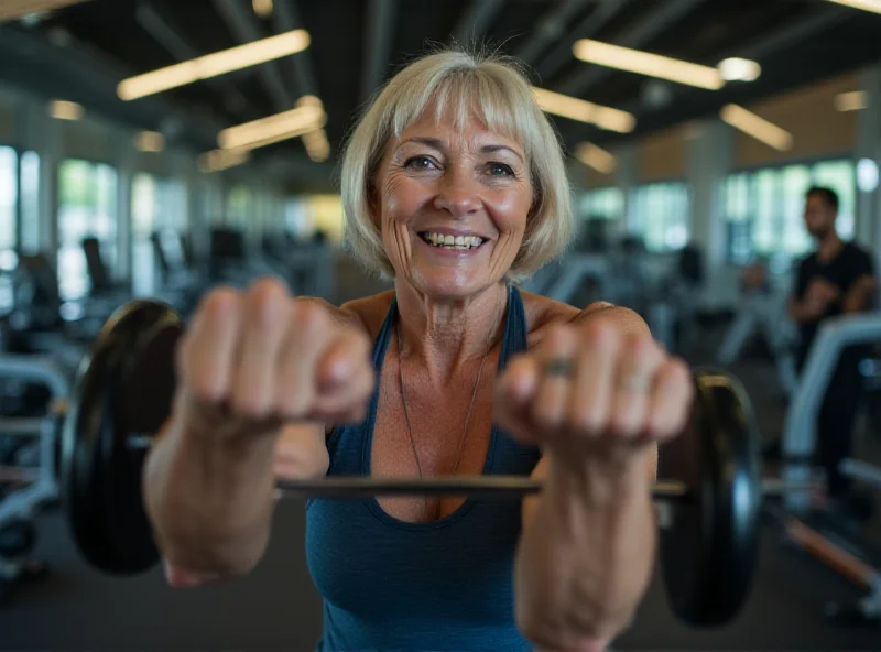 A senior woman lifting light weights in a gym, supervised by a trainer.