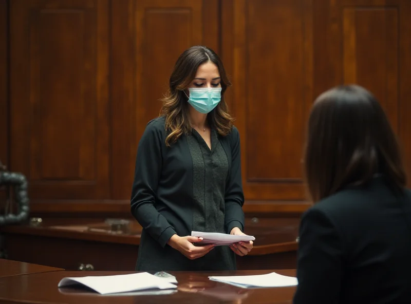A courtroom scene with a judge, lawyers, and a distraught woman wearing a mask.