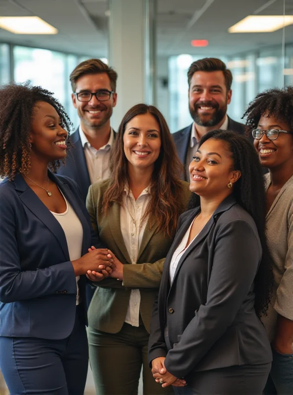 A diverse group of professionals standing together in a modern office setting, smiling and supportive, symbolizing workplace mental health and resilience.