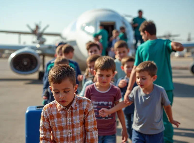 A group of children being helped off a plane.