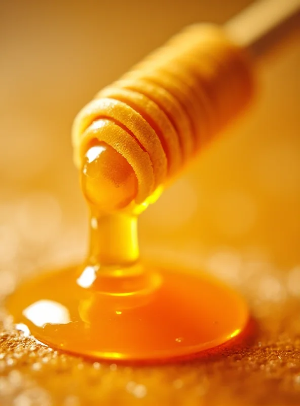Close up image of a honey packet being squeezed, with golden honey dripping out.