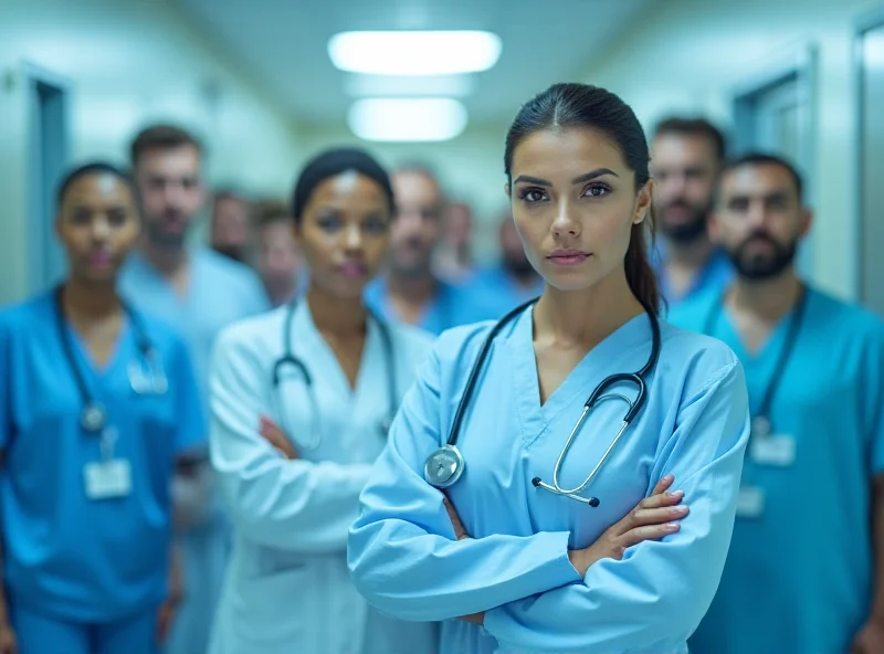 A diverse group of doctors and nurses in a brightly lit hospital hallway, looking serious and focused.