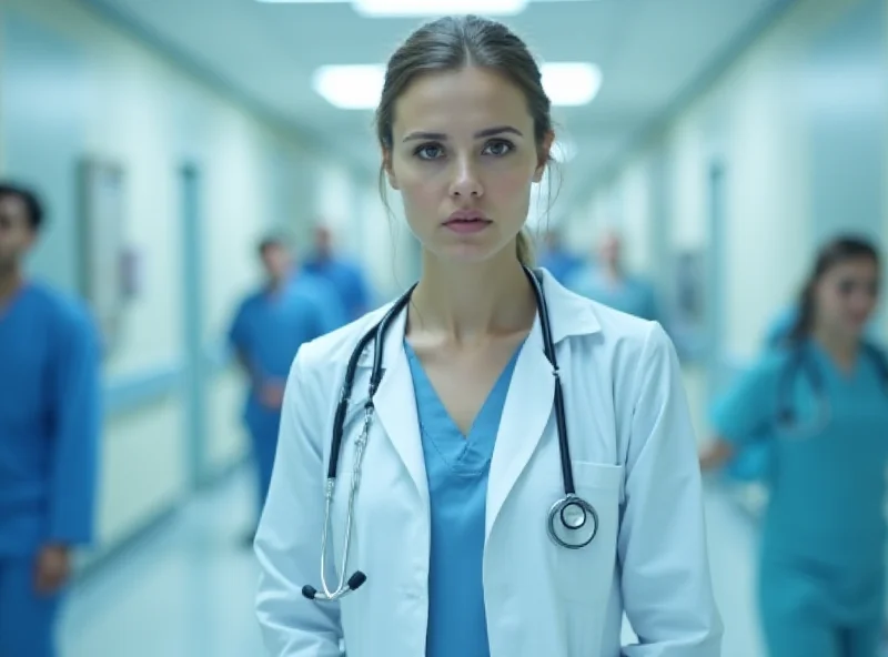 A doctor looking concerned in a hospital hallway