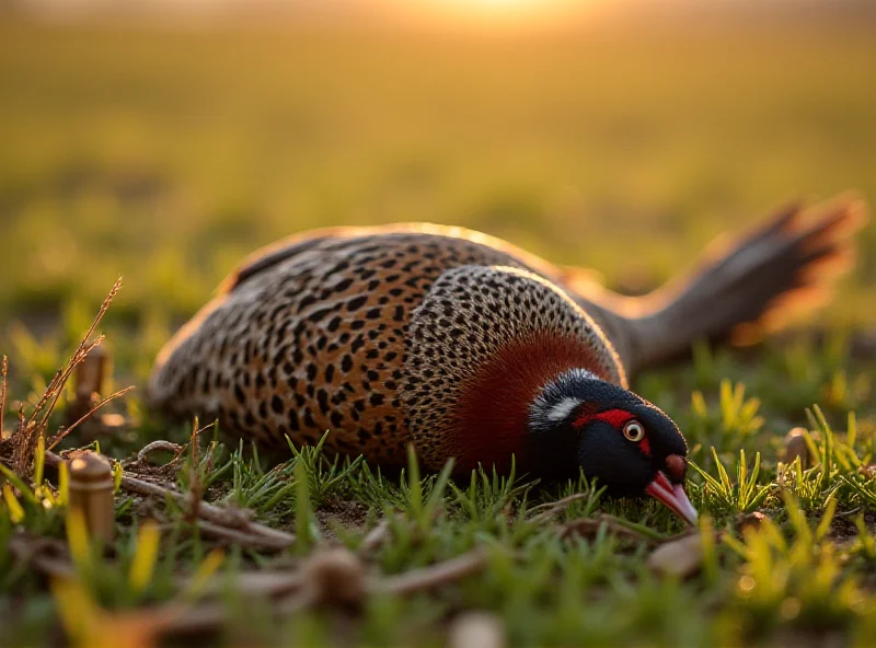 A pheasant lying on a grassy field.