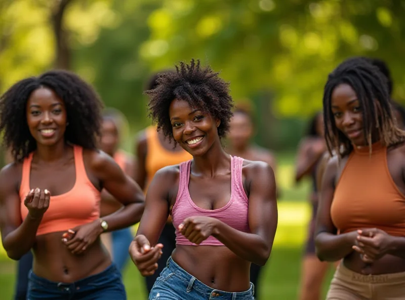 A diverse group of African women exercising together in a park.