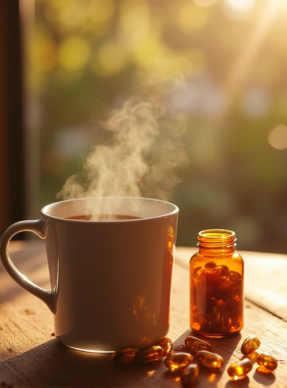 A steaming cup of coffee next to a bottle of vitamins.