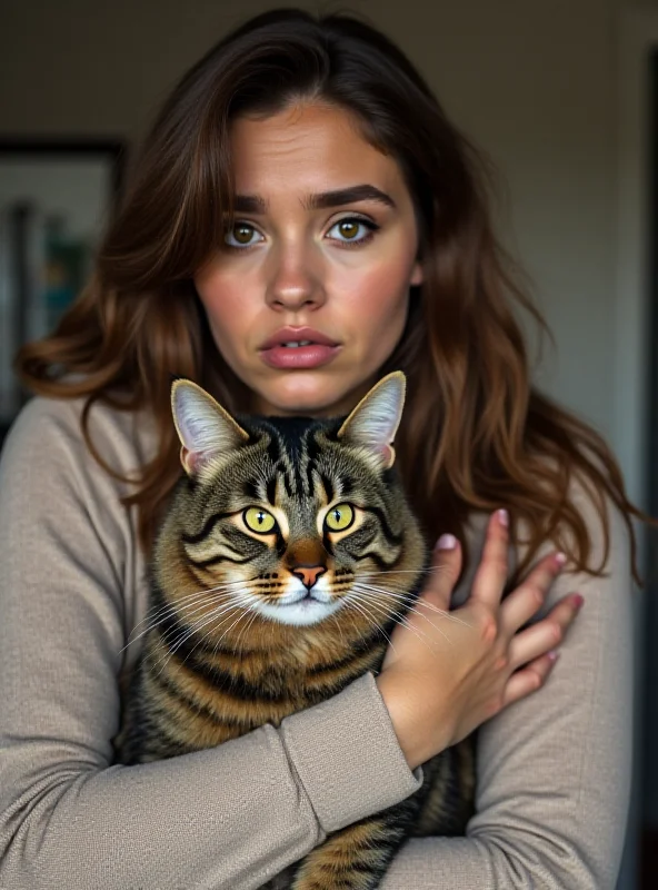 A concerned looking person holding a cat.