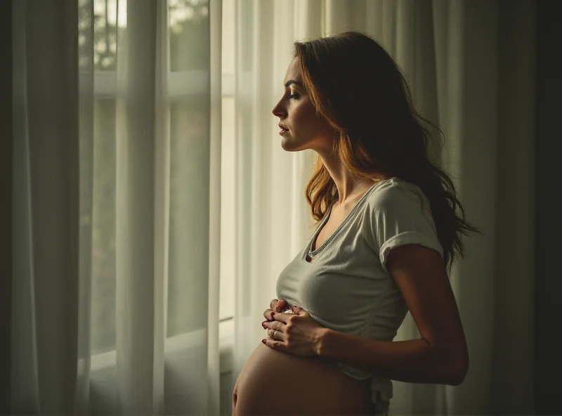 A woman looking thoughtfully out of a window, bathed in soft, natural light. Her hand rests gently on her stomach. The scene conveys introspection and a sense of quiet contemplation.