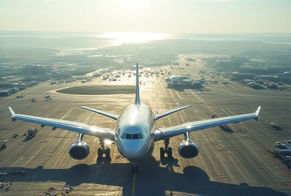 An aerial view of a busy airport terminal with airplanes taking off and landing. The lighting is bright and sunny, creating a dynamic and energetic scene.