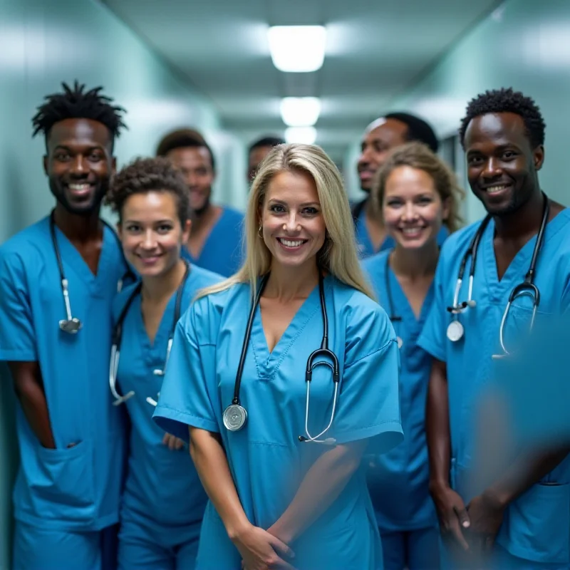 A diverse group of healthcare professionals standing together in a hospital hallway, wearing scrubs and lab coats. They are smiling and appear supportive of one another, representing teamwork and dedication.