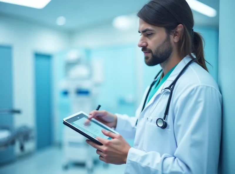Doctor examining patient records in a modern hospital setting