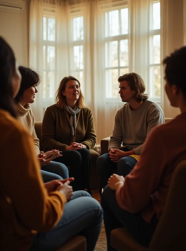 A diverse group of people listening attentively in a support group setting