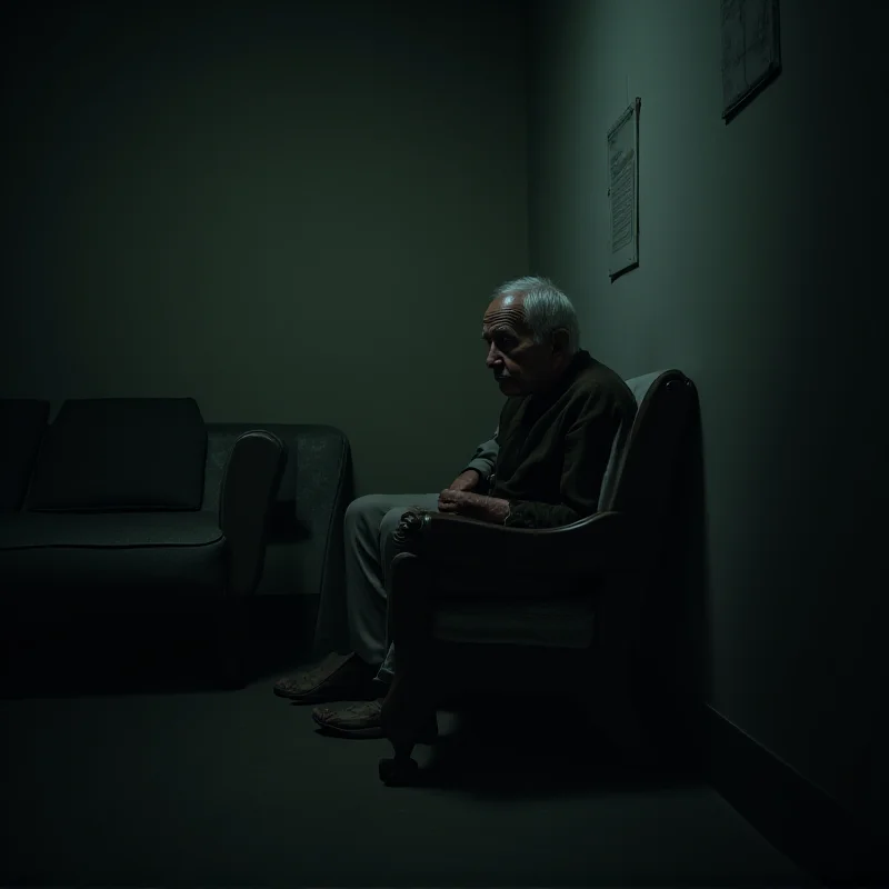 A senior citizen sitting alone in a dimly lit room, conveying a sense of isolation and neglect