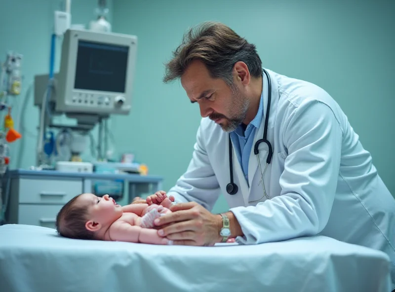 Worried looking doctor examining a baby in a hospital crib.
