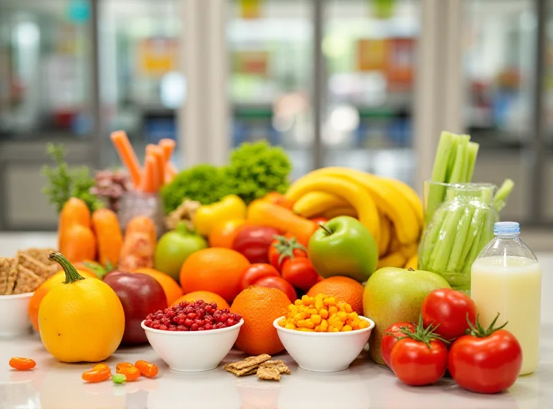 Assortment of healthy snacks like fruits, vegetables, and whole grain items on a table, representing healthy school lunches.