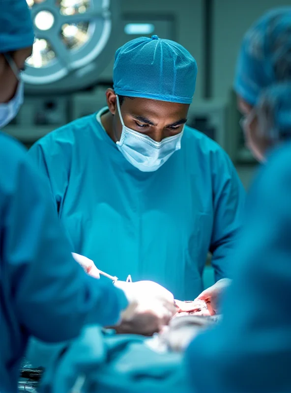 A doctor in a surgical mask looking intently at a patient during a complex surgery.