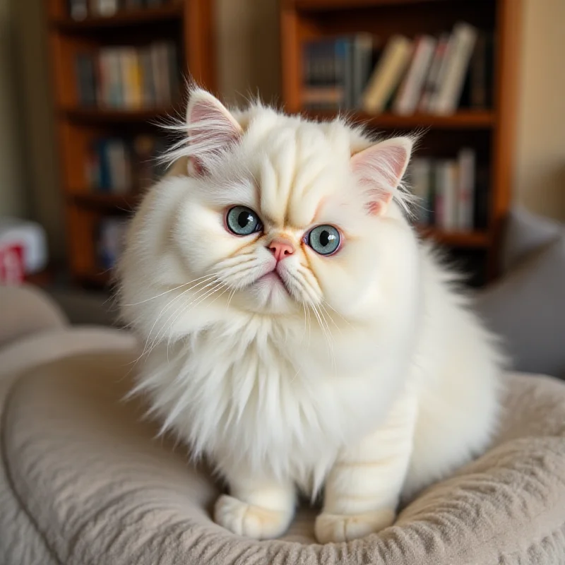 A fluffy Persian cat looking inquisitively at the camera in a home setting.