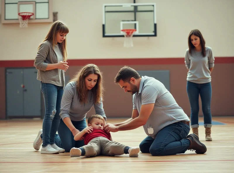 A paramedic administering first aid to a child in a school setting, with concerned teachers looking on.