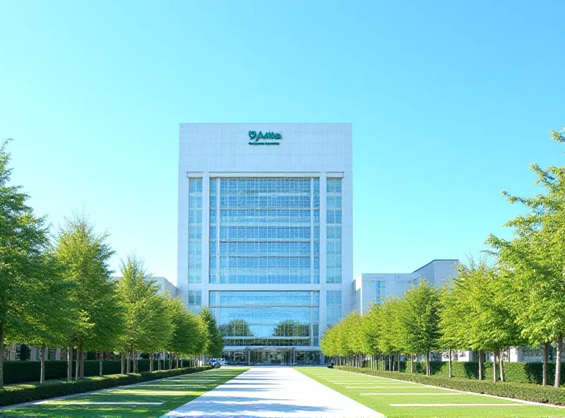 The modern exterior of Niguarda Hospital in Milan, Italy, with a bright blue sky in the background.