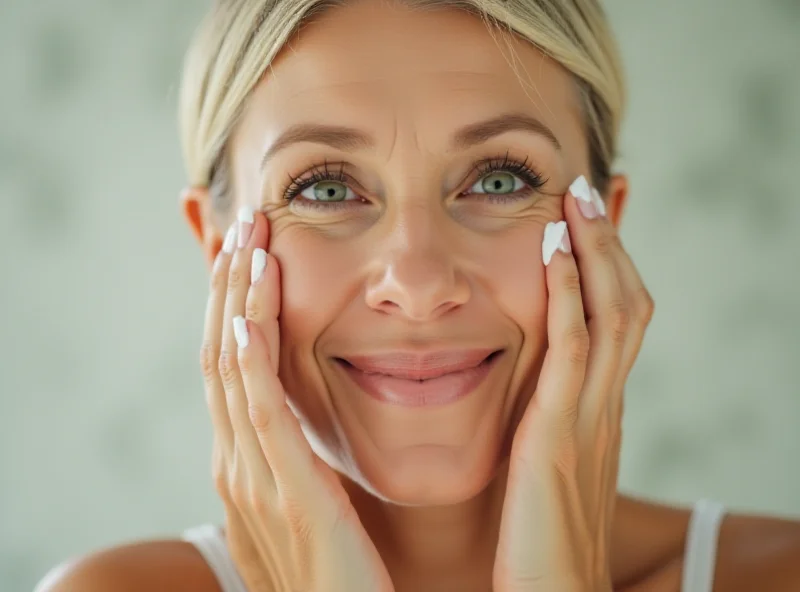 Close-up of a woman applying moisturizer to her face.