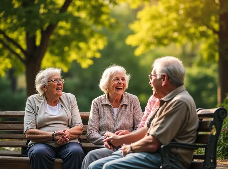 A diverse group of elderly people laughing and enjoying each other's company in a sunny park.