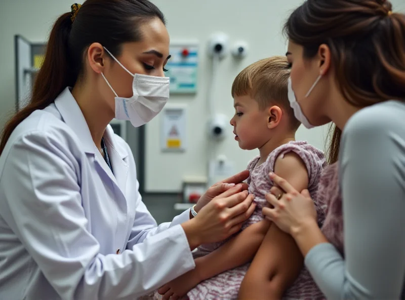 A doctor giving a child a measles vaccination.