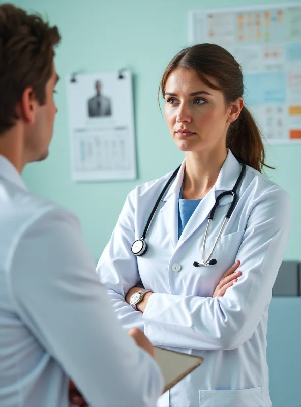 A doctor explaining a medical procedure to a concerned patient.