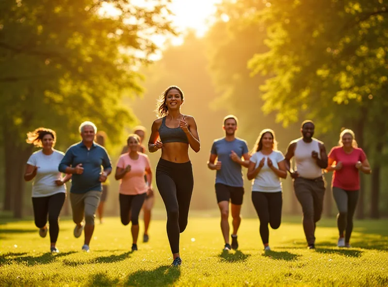 A diverse group of people exercising outdoors in a park setting.