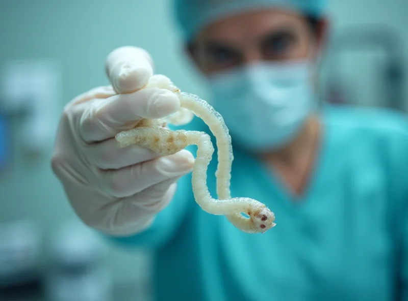 A medical professional carefully holding a very long tapeworm. The worm is pale and stretches across a significant portion of the image, emphasizing its length. The background is a sterile medical environment.