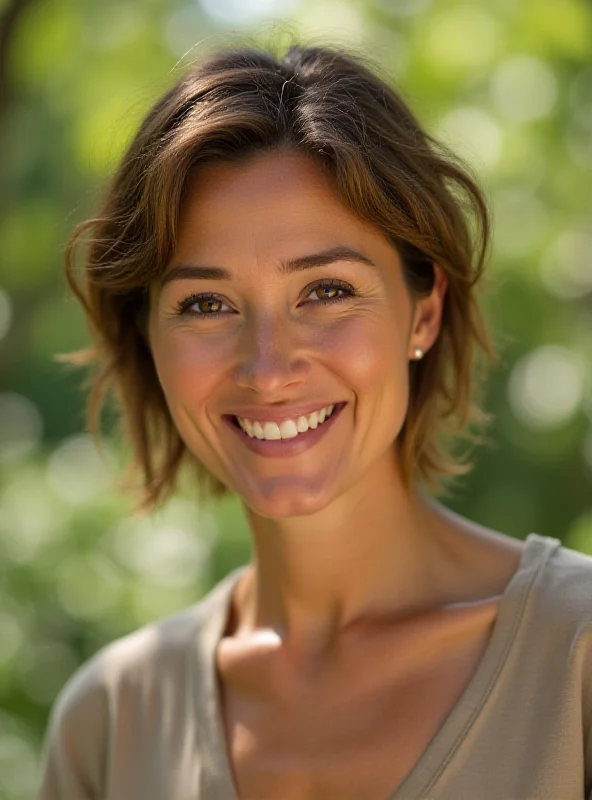 A smiling woman with short hair, looking directly at the camera with a warm and inviting expression. The background is blurred, suggesting a natural outdoor setting. She appears confident and at peace.