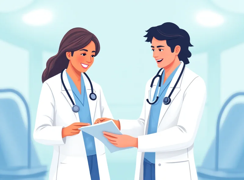 Illustration of doctors of different genders working together in a hospital setting.