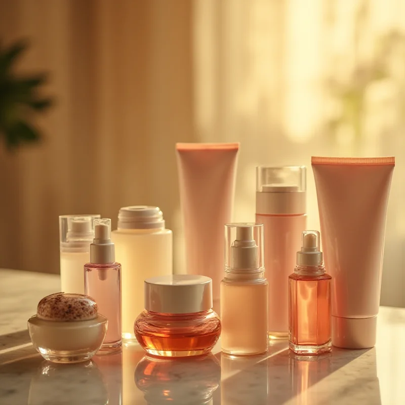 Image of various skincare products arranged on a table, representing the financial investment women make in managing menopause symptoms.