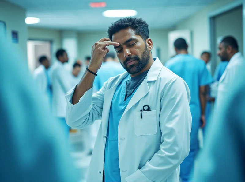 A doctor looking stressed and overwhelmed in a busy hospital environment.