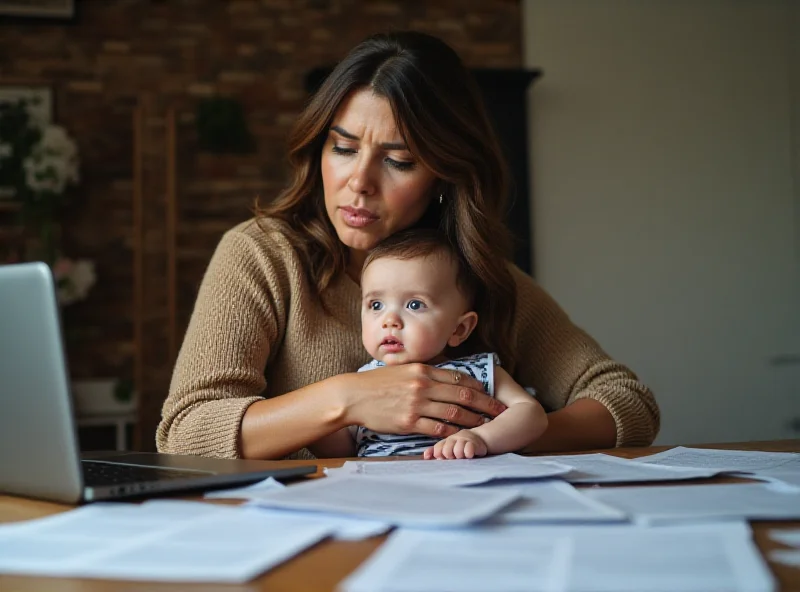 A mother holding her child, looking concerned while reading vaccine information.